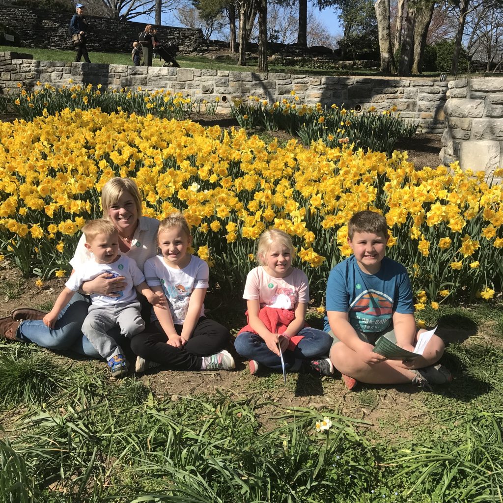 My kids and I visiting Cheekwood in March 2019 when the Daffodils were in bloom! Not only have the daffodils probably multiplied since then, my kids are all grown up now compared to this photo!