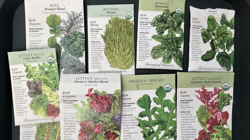 Seed packets of the leafy greens I sowed.